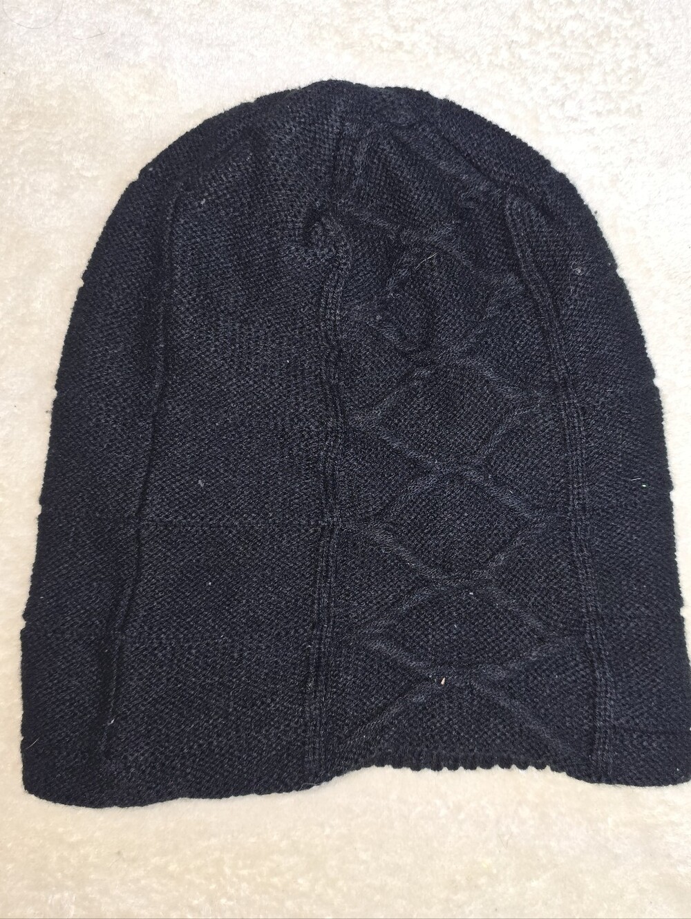 Black Cable Knit Womens Beanie Faux Fur Lining
